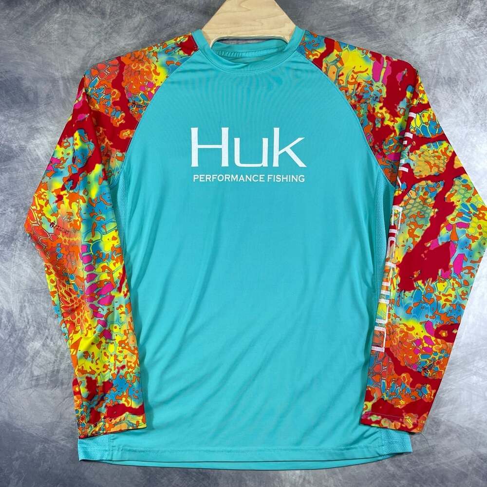 Huk Performance Fishing Long Sleeve Shirt Size M Blue Kryptek Camo